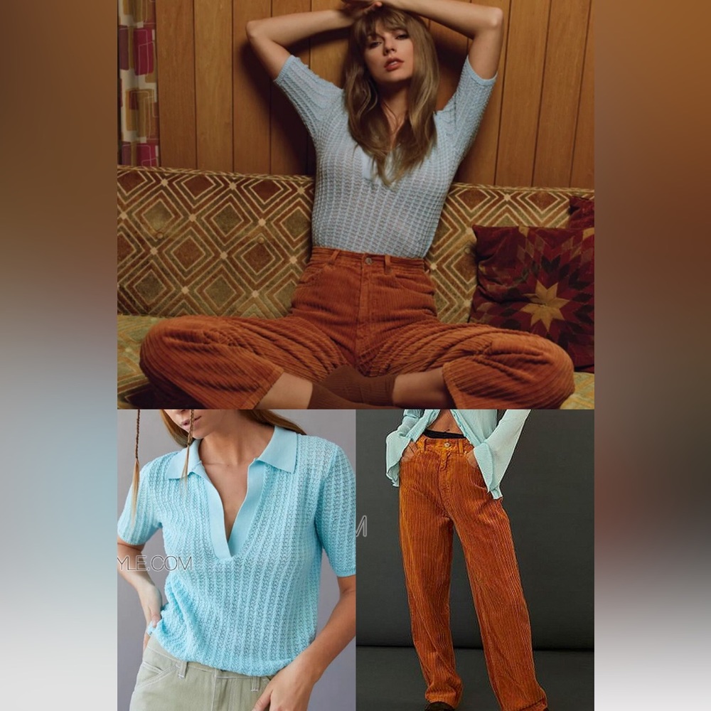 Taylor Swift Light Blue Knit Polo Top and Brown Corduroy Pants
